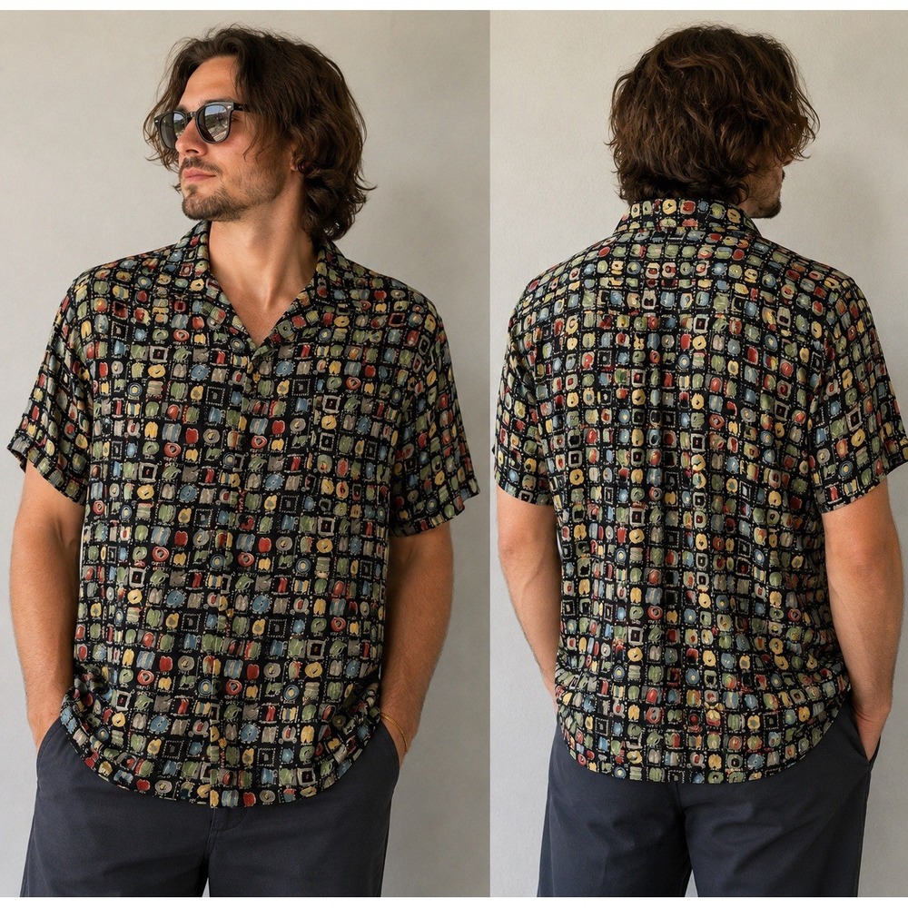 JSEWARDS LTD Festival at Wye Mill Navy Abstract Print Rayon Camp Shirt Mens Lg